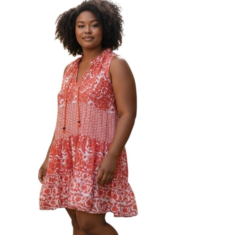 Chelsea & Theodore Orange Floral‎ Tiered Mini Dress Sleeveless Tassel Tie XL